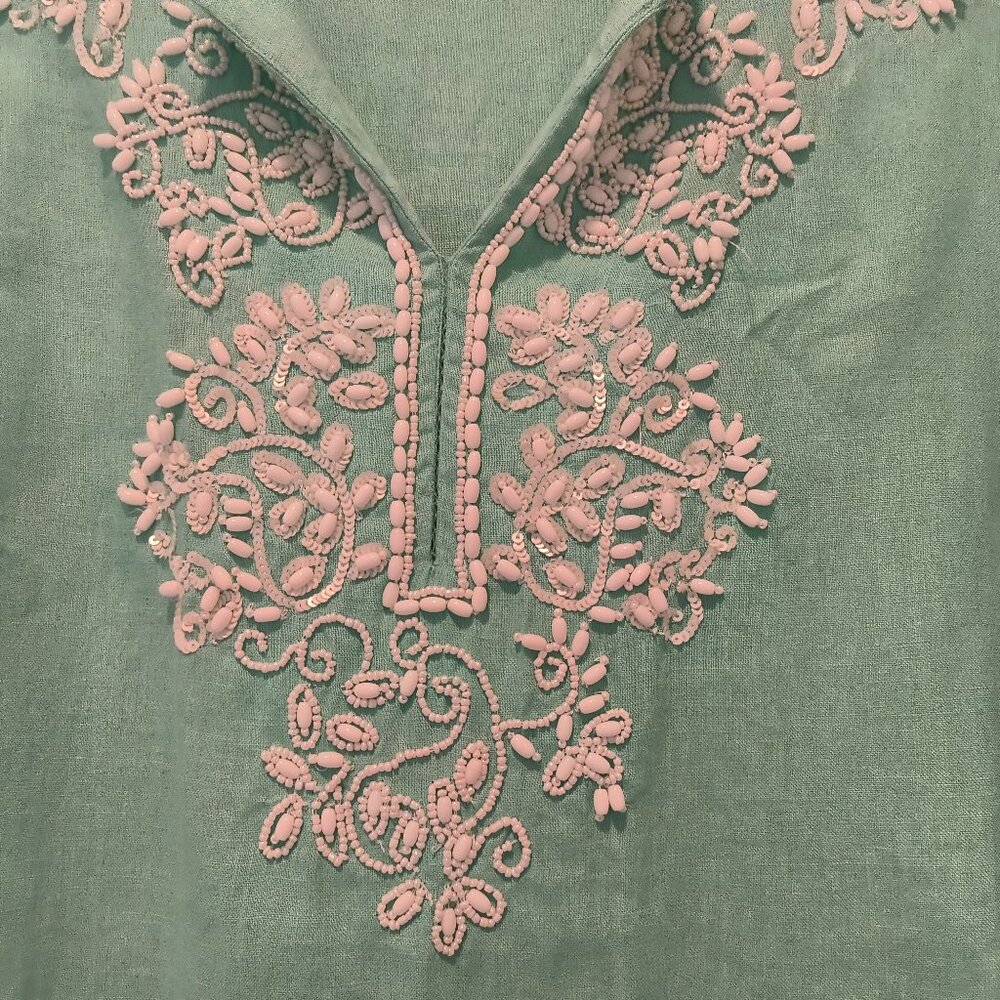 Charter Club  100% linen  green, embroidered rhinestones tunic size L - Picture 3 of 6